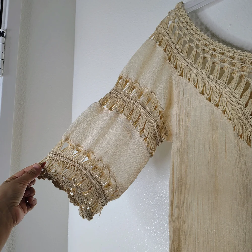 Boho Beige Crochet Mesh Midi Dress Cover Up S/M Solid Neutral Festival Beach - Picture 5 of 15